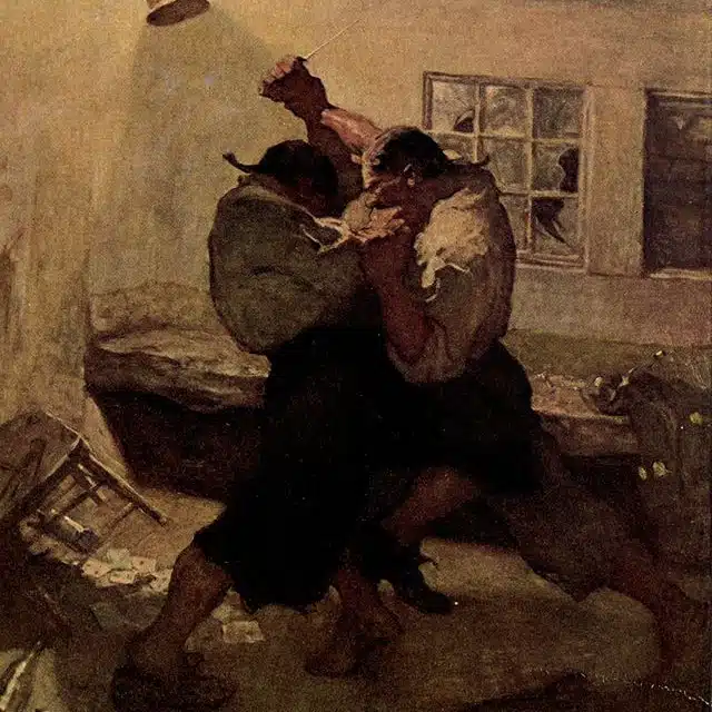 The Fight in the Cabin. Knife fight between pirates by en:w:N. C. Wyeth from 1911 edition of en:Treasure Island by Robert Louis Stevenson, Charles Scribner's Sons, 1911