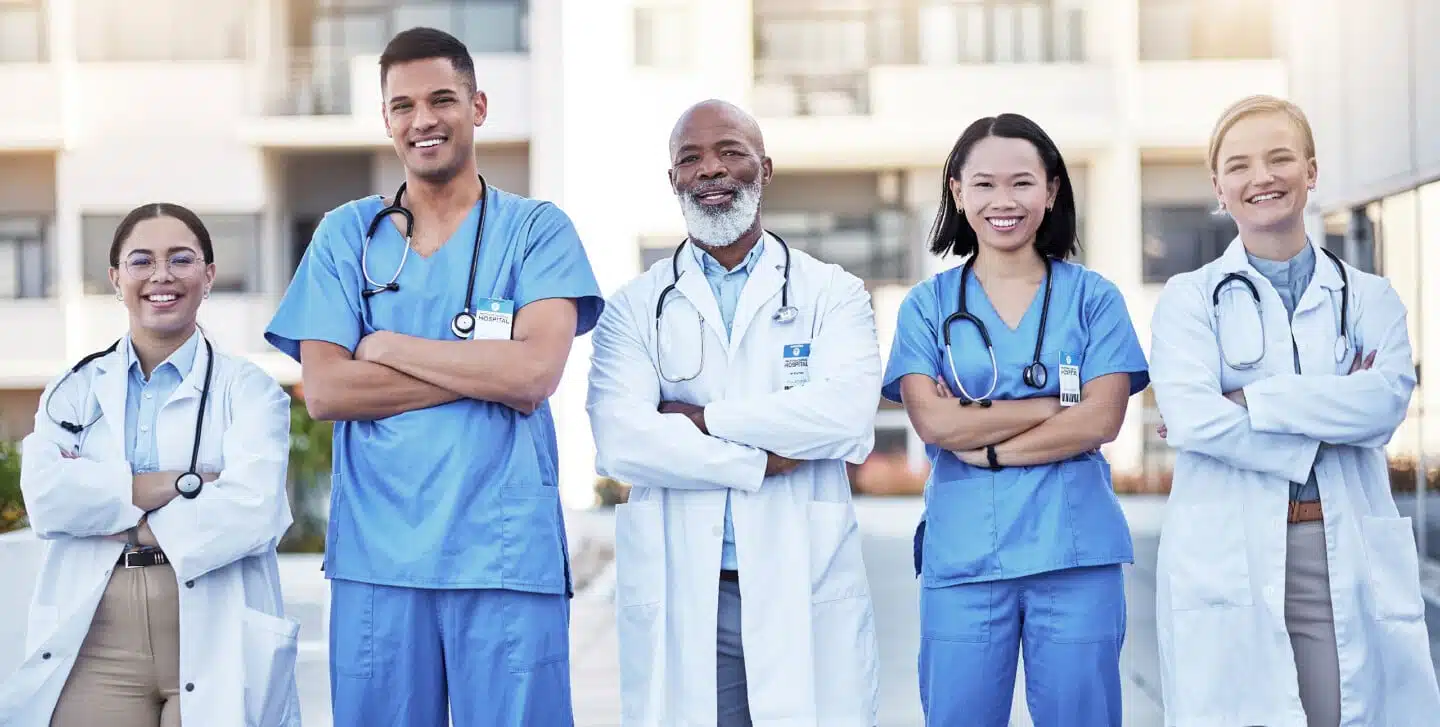 Diversity, proud and doctors portrait in healthcare service, hospital integrity and teamwork