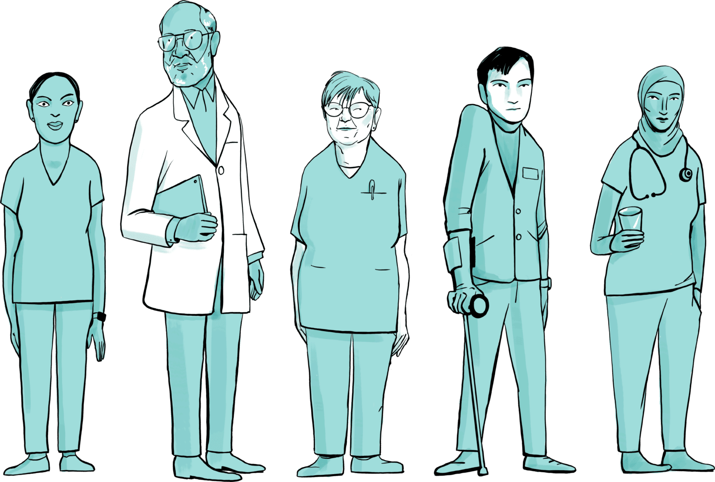 Illustration of five healthcare providers by Graham Roumieu